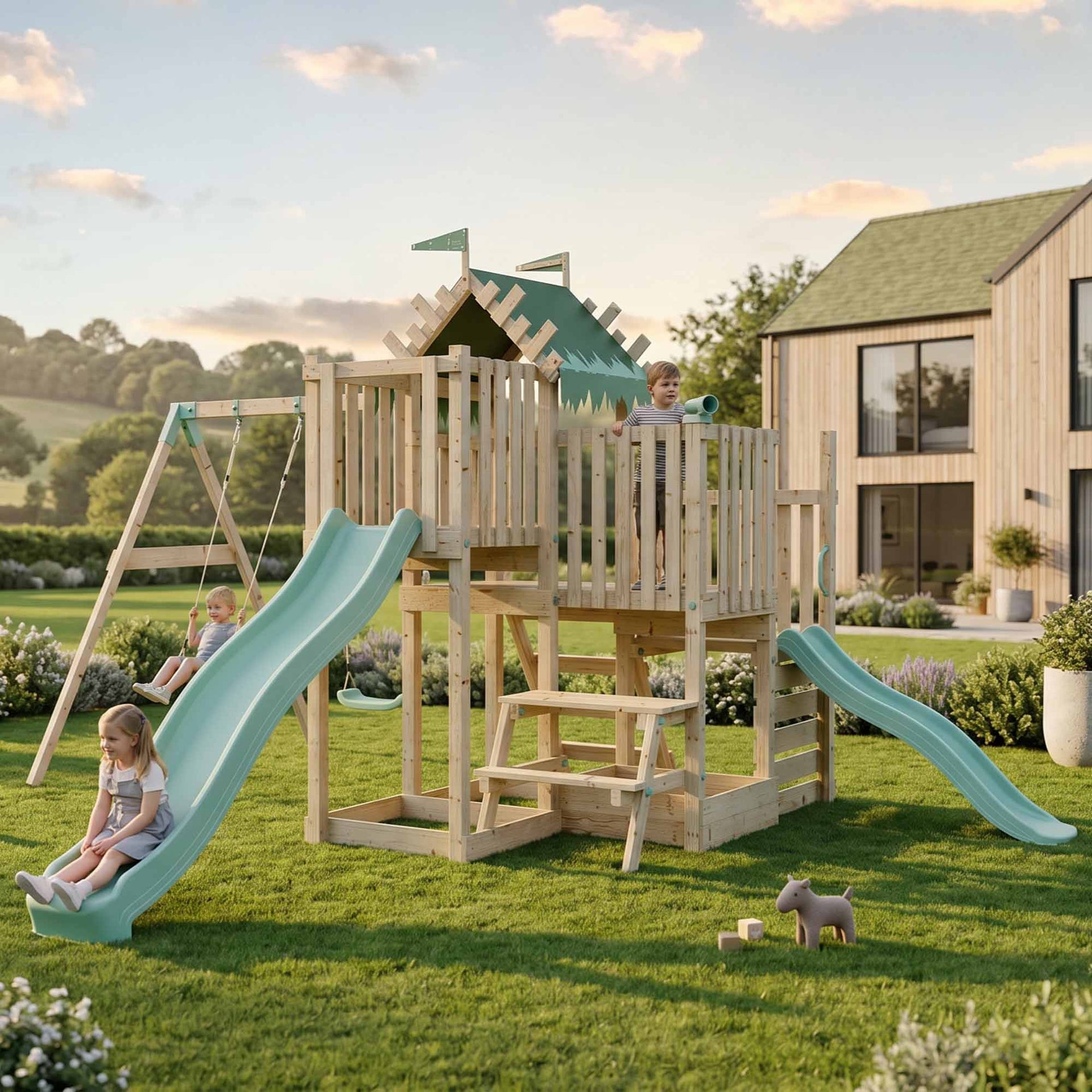Climbing Frame Double Swing Triple Platform & Double Slides & Picnic Tower Enchanted Grove Watchtower VII