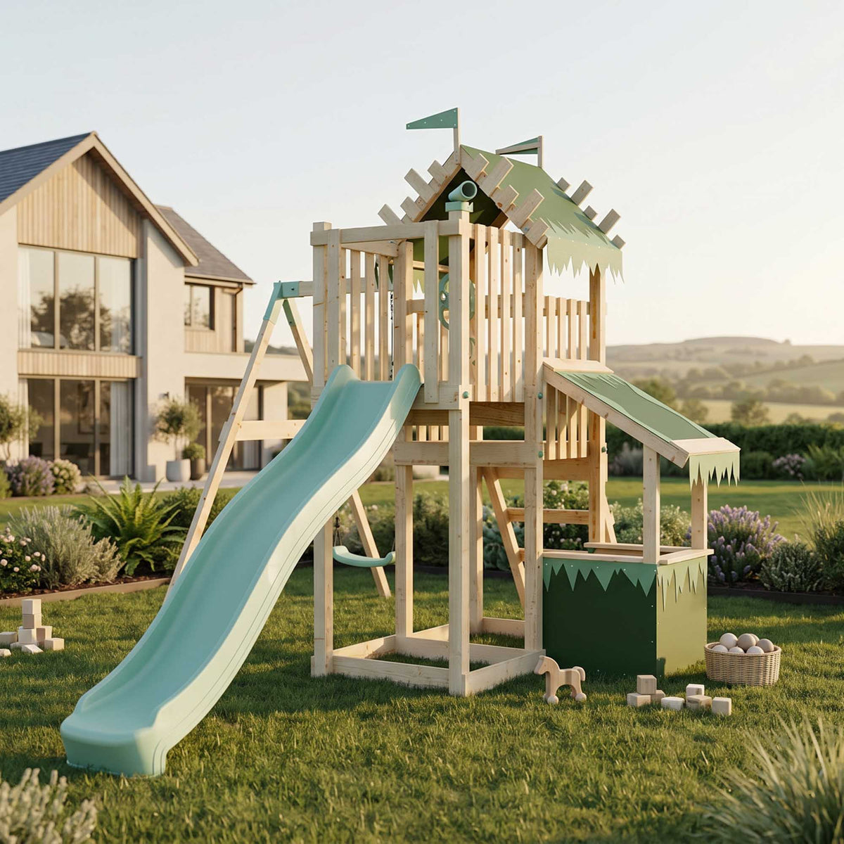 Climbing Frame Single Swing Extended Height Platform & 2.65m Slide & Shop Enchanted Grove Watchtower VIII