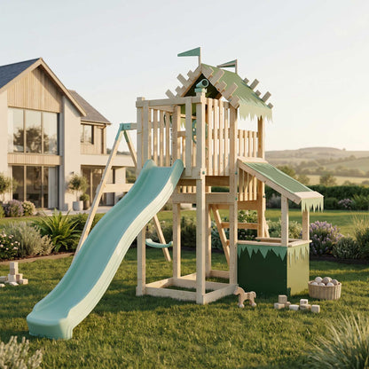 Climbing Frame with Single Swing Extended Height Platform & 2.65m Slide & Shop - Enchanted Grove Watchtower VIII
