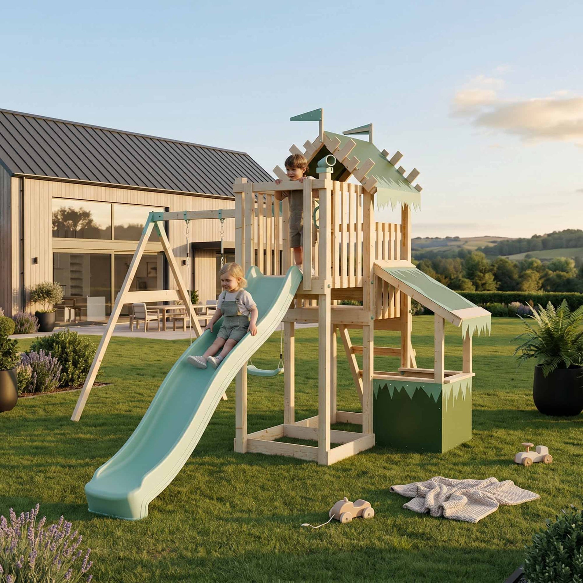 Climbing Frame Double Swing Extended Height Platform & 2.65m Slide & Shop Enchanted Grove Watchtower IX