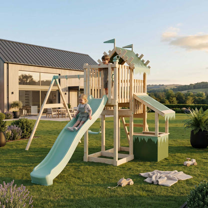 Climbing Frame with Double Swing Extended Height Platform & 2.65m Slide & Shop - Enchanted Grove Watchtower IX