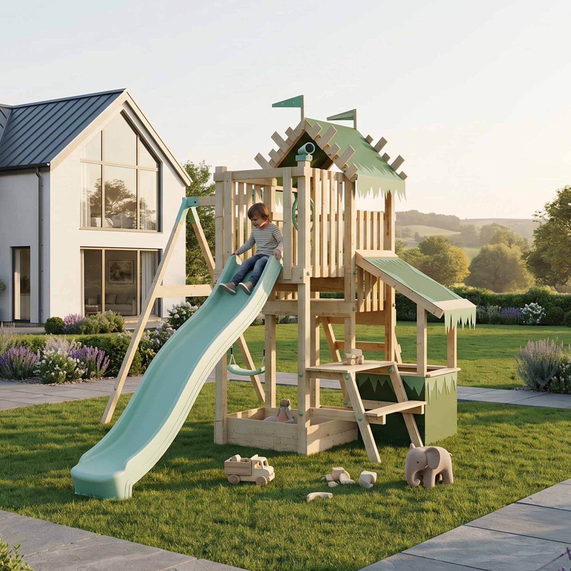 Climbing Frame Single Swing Extended Height Platform & 2.65m Slide & Shop & Picnic Table Enchanted Grove Watchtower X