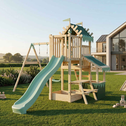 Climbing Frame with Double Swing Extended Height Platform & 2.65m Slide & Shop & Picnic Table - Enchanted Grove Watchtower XI