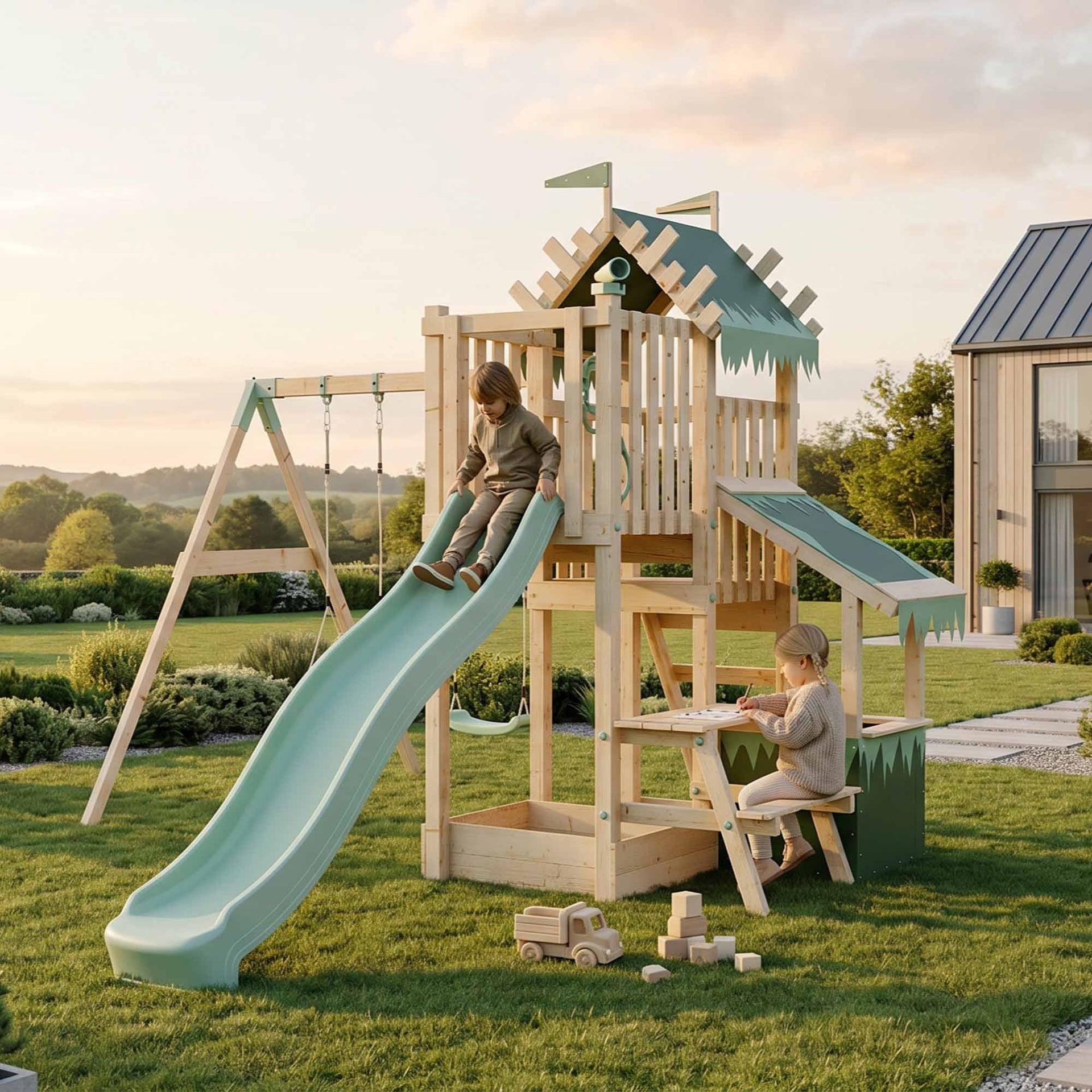 Climbing Frame Double Swing Extended Height Platform & 2.65m Slide & Shop & Picnic Table Enchanted Grove Watchtower XII