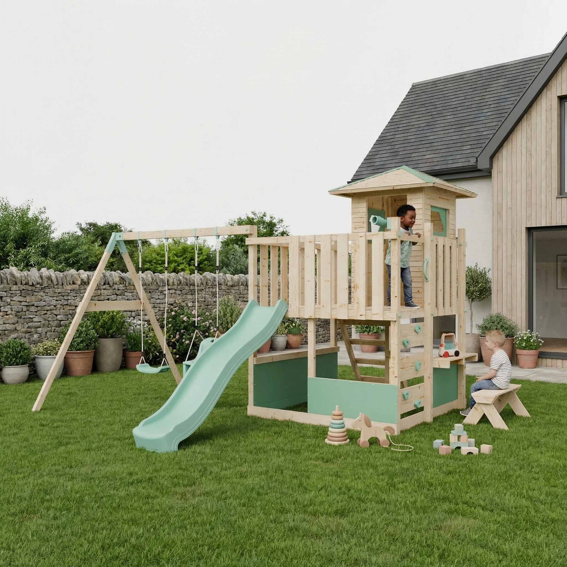 LittleSummit Small Tower Playhouse Double Swing