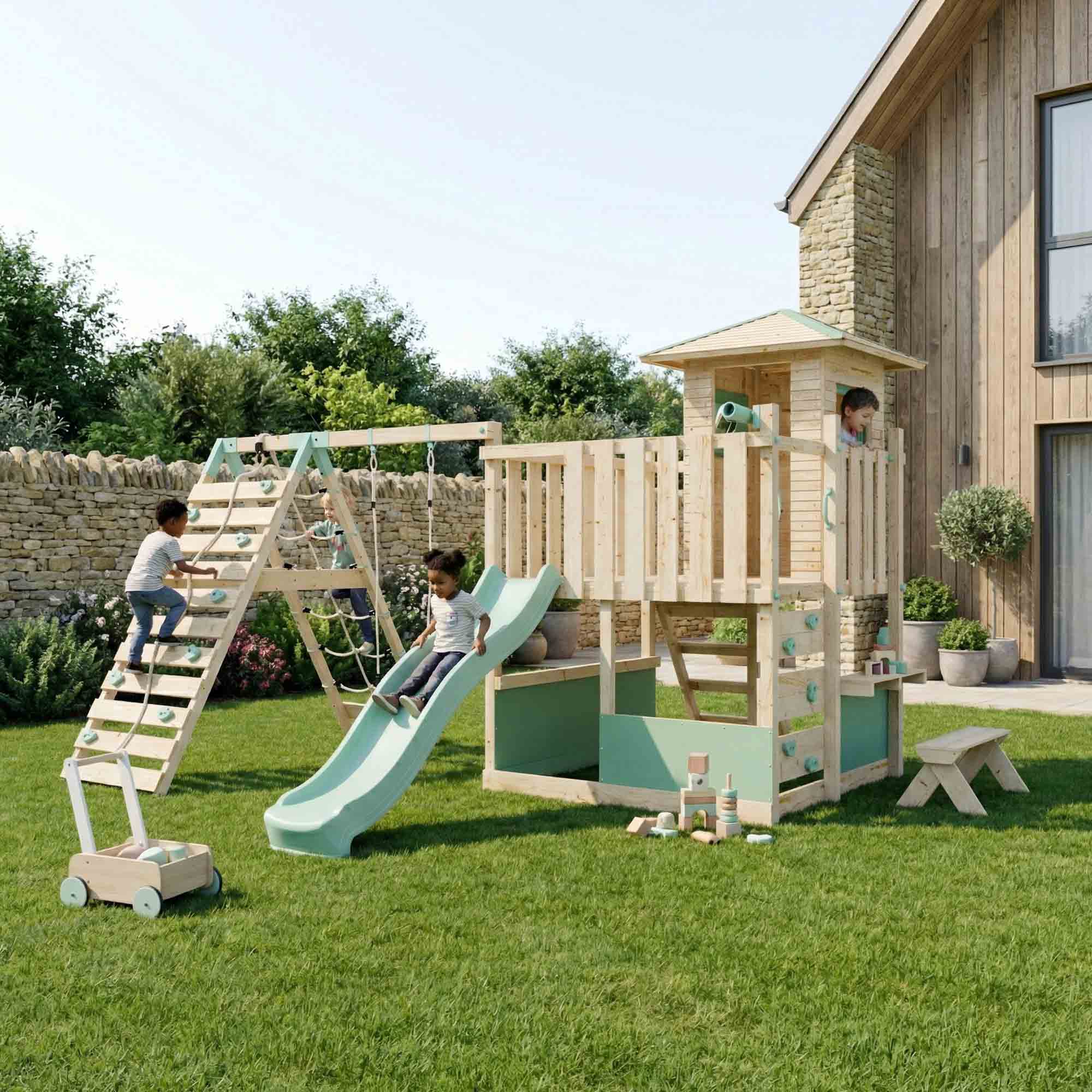 LittleSummit Tower with Small Playhouse, Swing & Climbing Wall