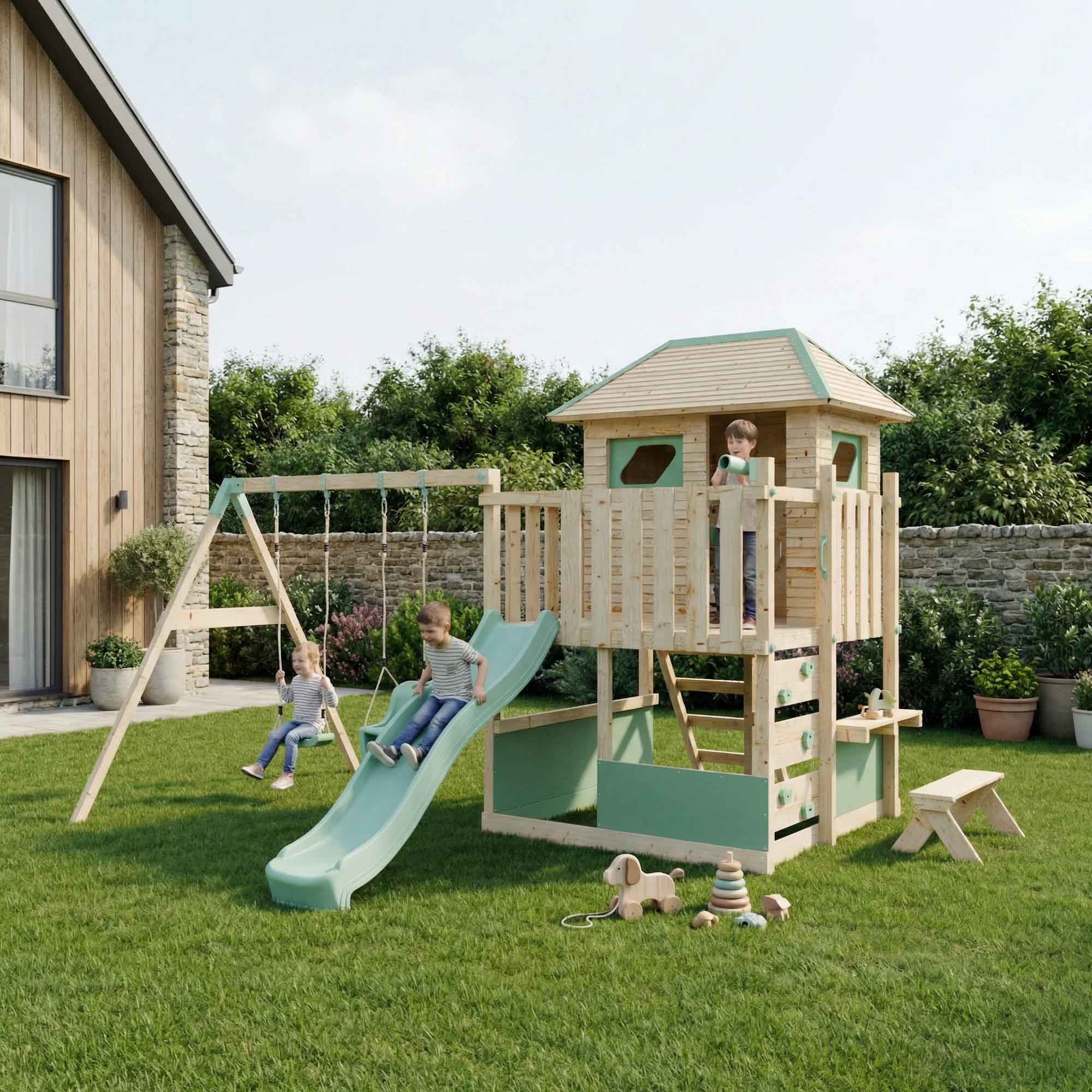 LittleSummit Tower with Large Playhouse & Double Swing