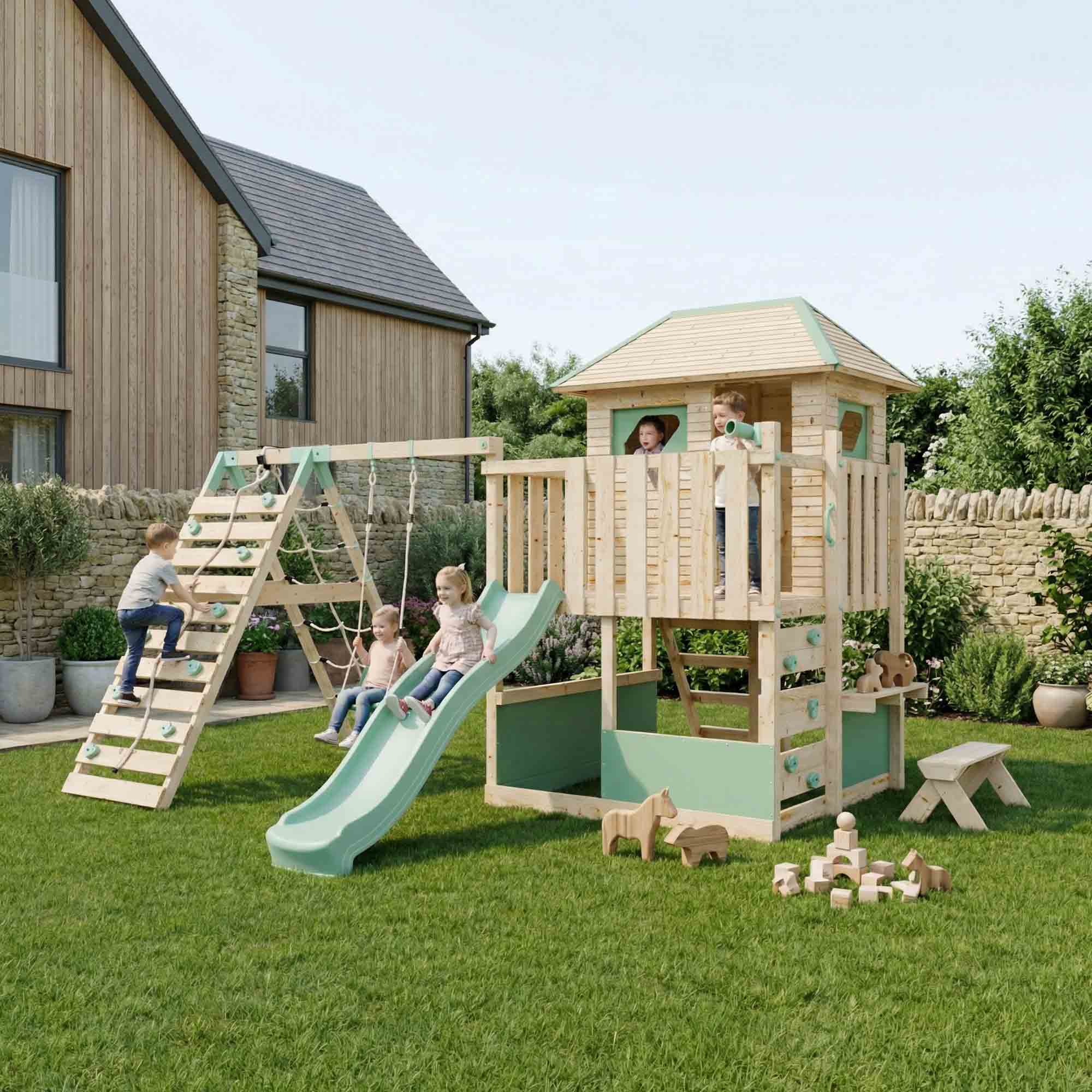 LittleSummit Tower with Large Playhouse, Swing & Climbing Wall