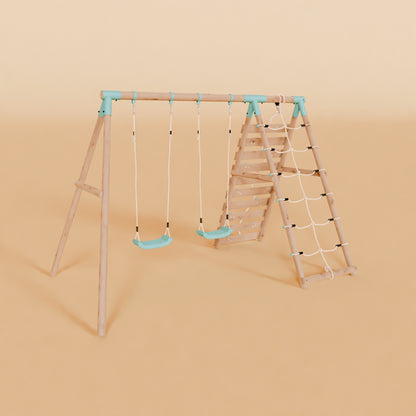 Double Wooden Swing Set With Climbing Wall - Boulder Brook I