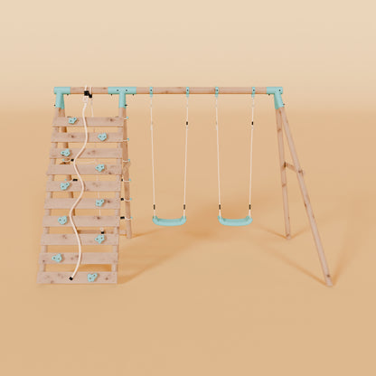 Double Wooden Swing Set With Climbing Wall - Boulder Brook I