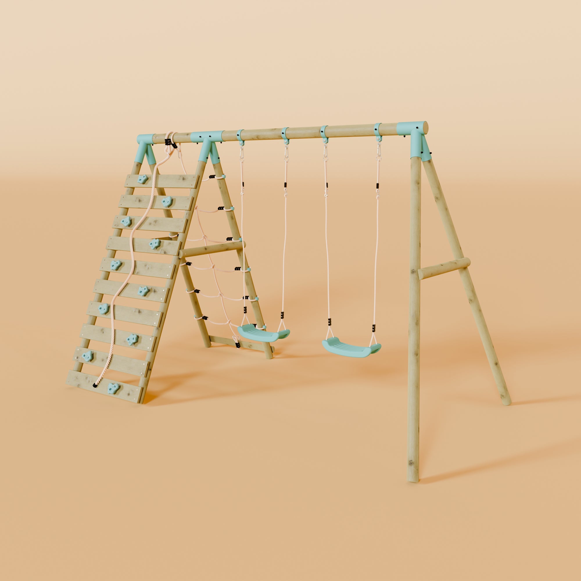 Double Wooden Swing Set With Climbing Wall - Boulder Brook