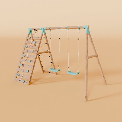Double Wooden Swing Set With Climbing Wall - Boulder Brook I