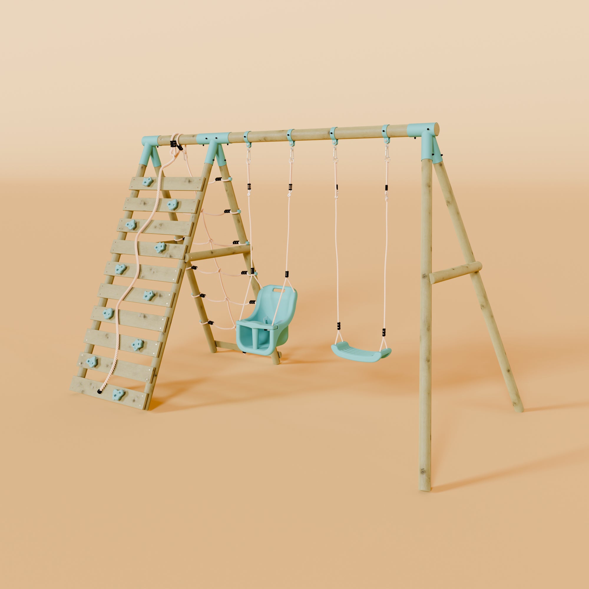 Double Wooden Swing Set With Baby Swing and Climbing Wall - Boulder Brook