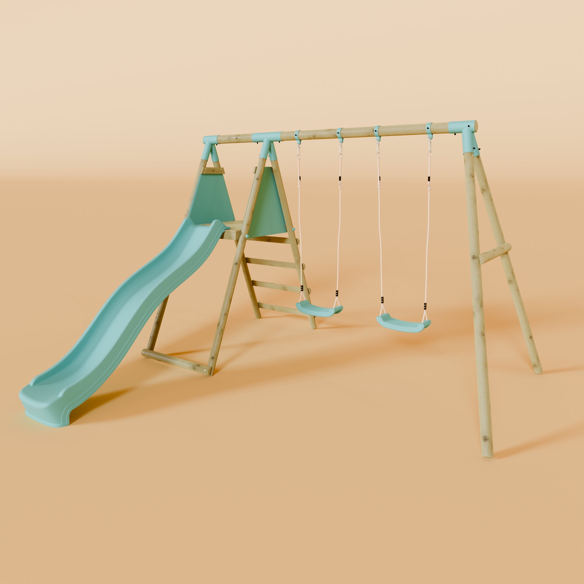 Double Wooden Swing Set with Slide - Mossy Hollow