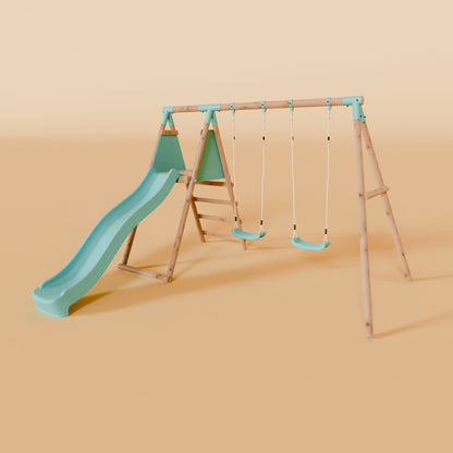 Double Wooden Swing Set with Slide - Mossy Hollow I