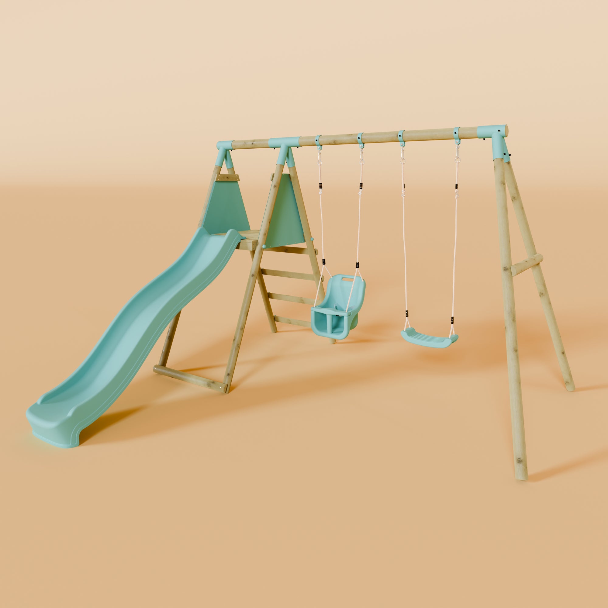 Double Wooden Swing Set with Baby Swing and Slide - Mossy Hollow