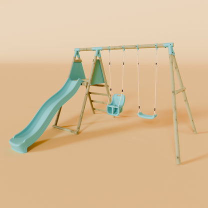 Double Wooden Swing Set with Baby Swing and Slide - Mossy Hollow