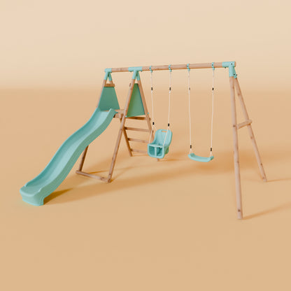 Double Wooden Swing Set with Baby Swing and Slide - Mossy Hollow II