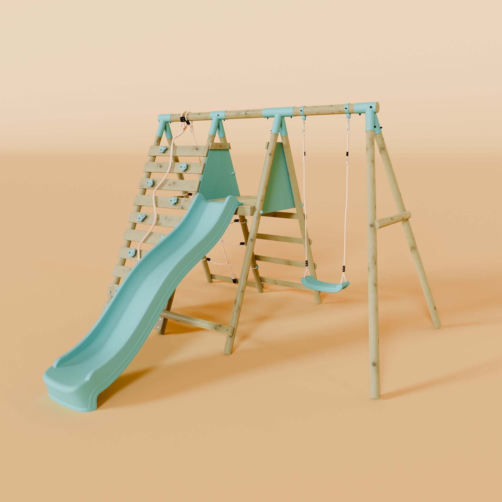 Single Wooden Swing Set with Climbing Wall and Slide - Badger Brook