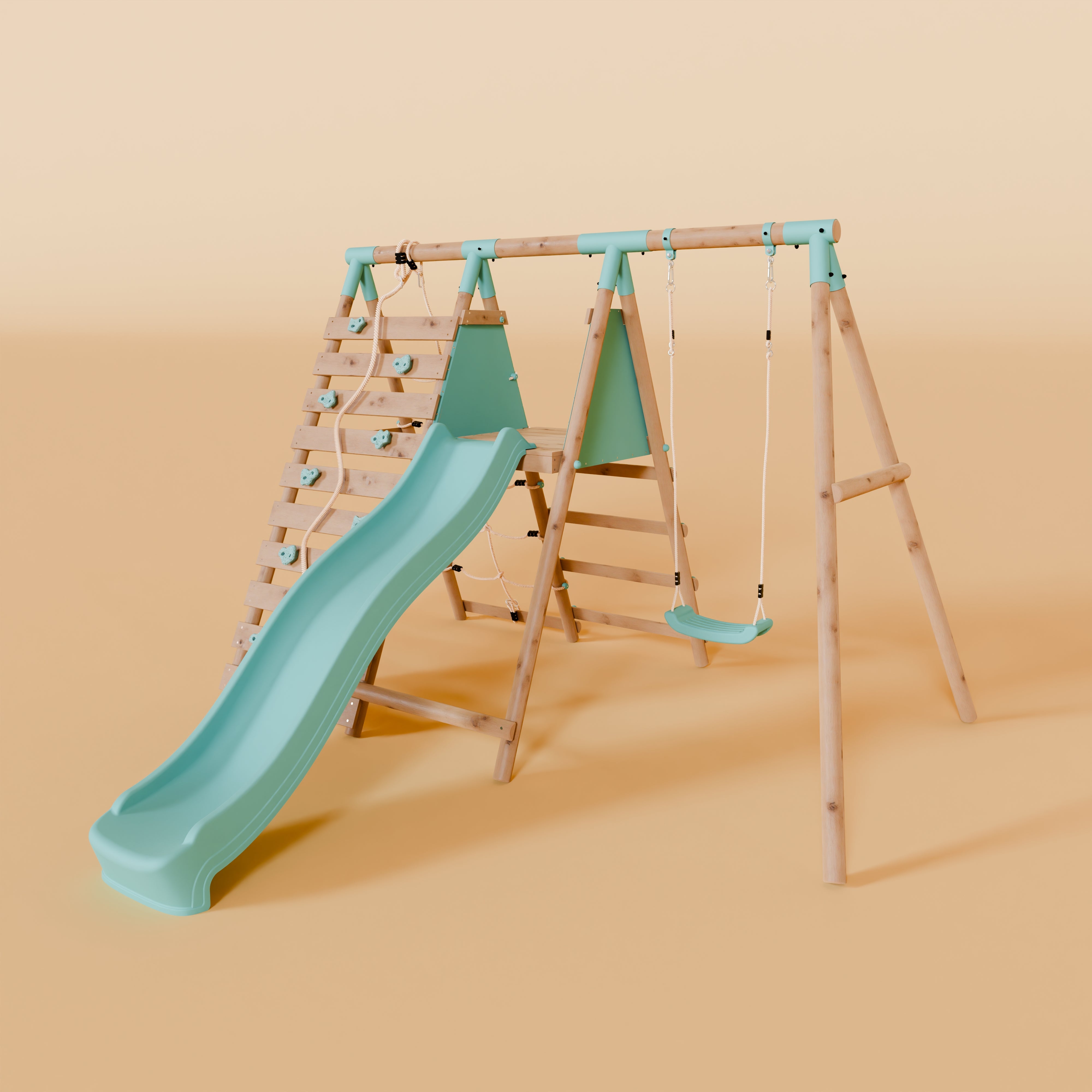 Single Wooden Swing Set with Climbing Wall and Slide - Badger Brook