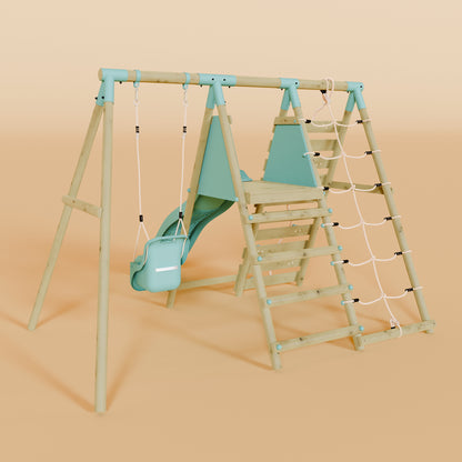 Single Wooden Baby Swing Set with Climbing Wall and Slide - Badger Brook