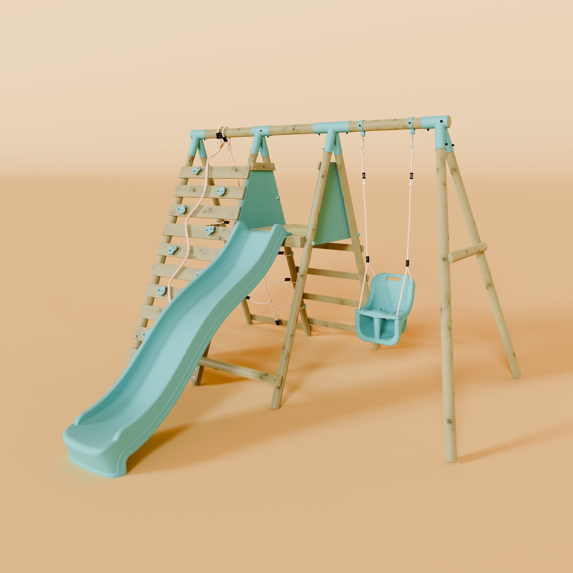 Single Wooden Baby Swing Set with Climbing Wall and Slide - Badger Brook