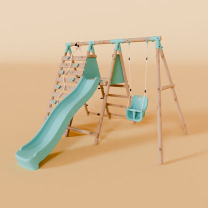 Single Wooden Baby Swing Set with Climbing Wall and Slide - Badger Brook I