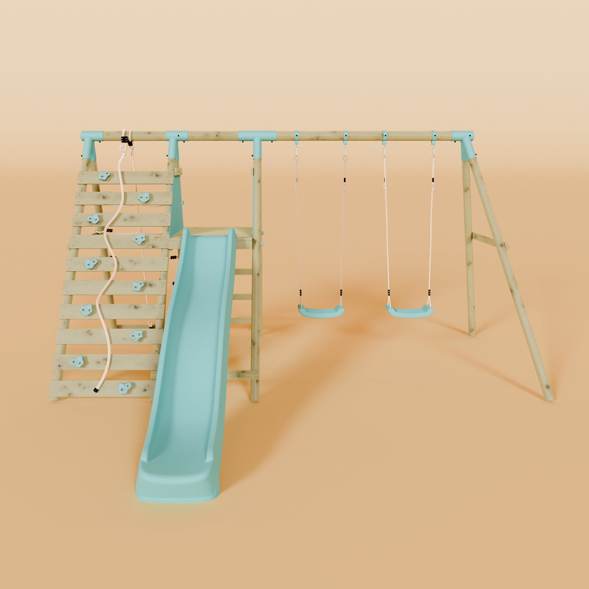 Double Wooden Swing Set with Climbing Wall and Slide - Stagwood