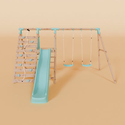 Double Wooden Swing Set with Climbing Wall and Slide - Stagwood I