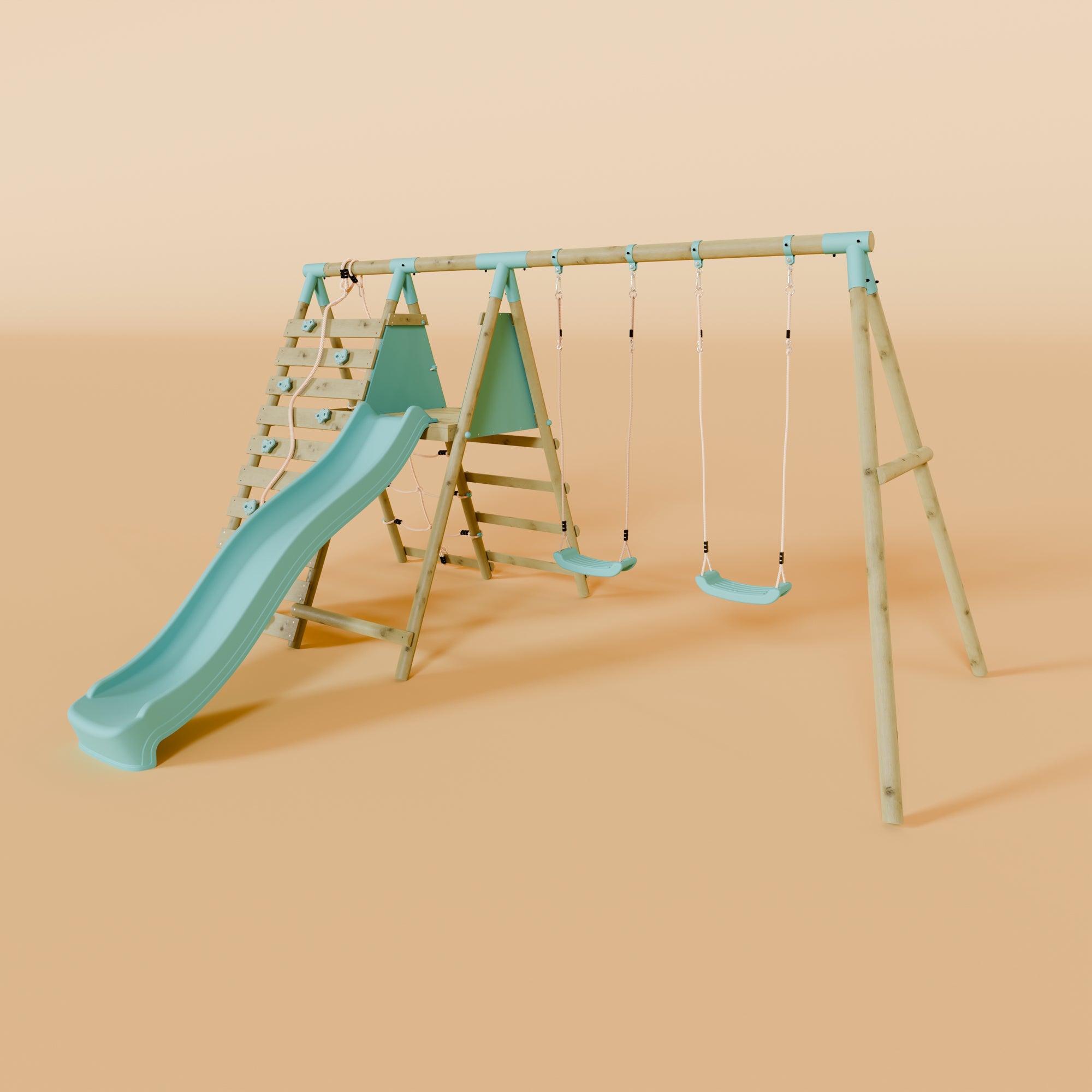 Double Wooden Swing Set with Climbing Wall and Slide - Stagwood