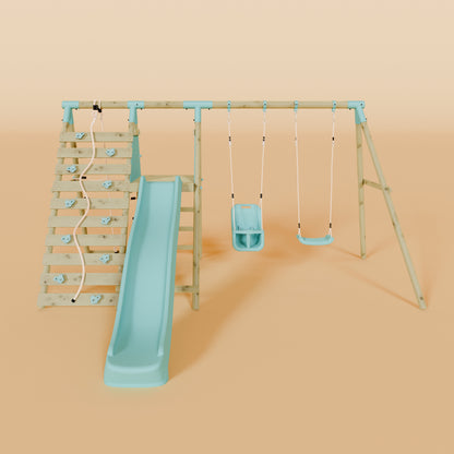 Double Wooden Swing Set with Baby Swing, Climbing Wall and Slide - Stagwood