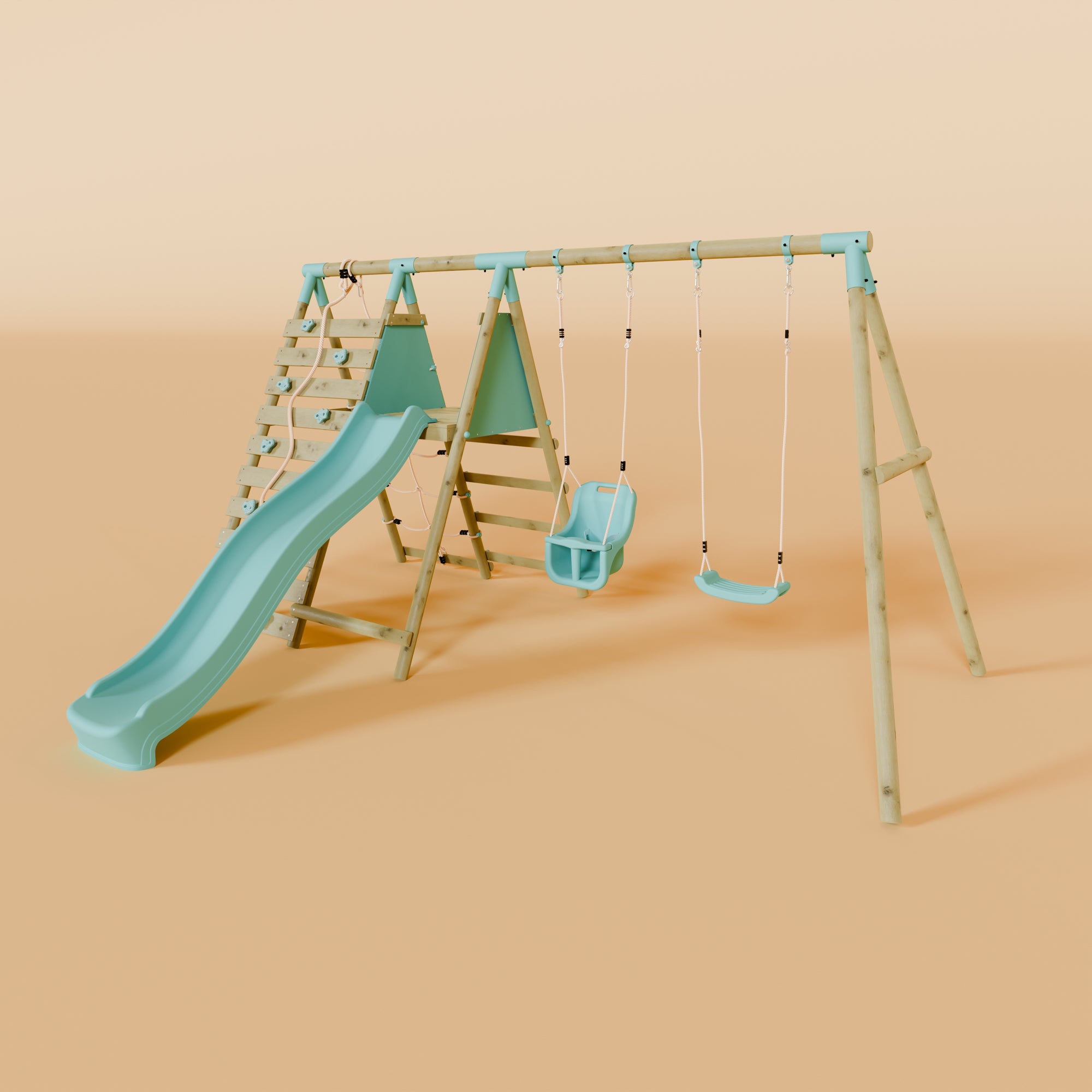 Double Wooden Swing Set with Baby Swing, Climbing Wall and Slide - Stagwood