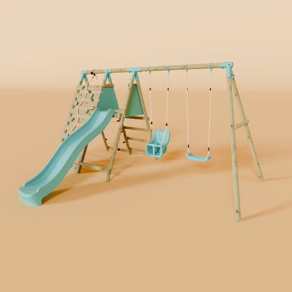 Double Wooden Swing Set with Baby Swing, Climbing Wall and Slide - Stagwood