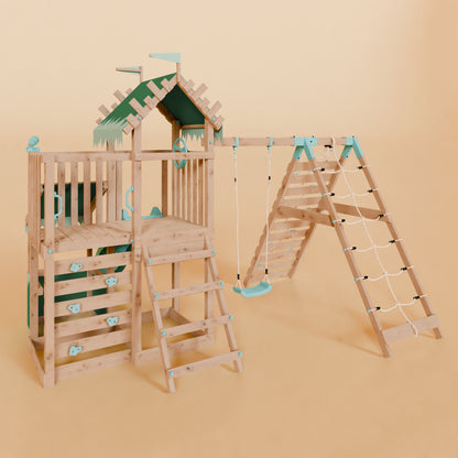 Extended Climbing Frame With Single Swing & Climbing Wall With Shop - Wildroot Ridge V