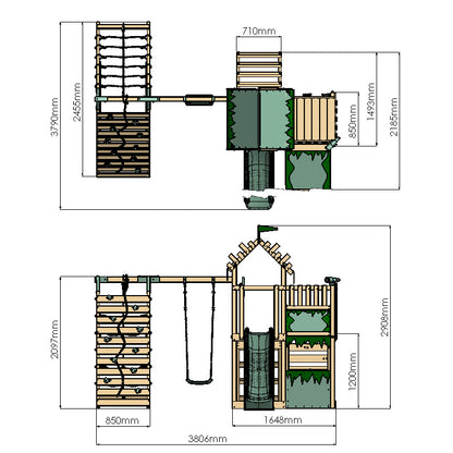 Extended Climbing Frame With Single Swing & Climbing Wall With Shop - Wildroot Ridge V