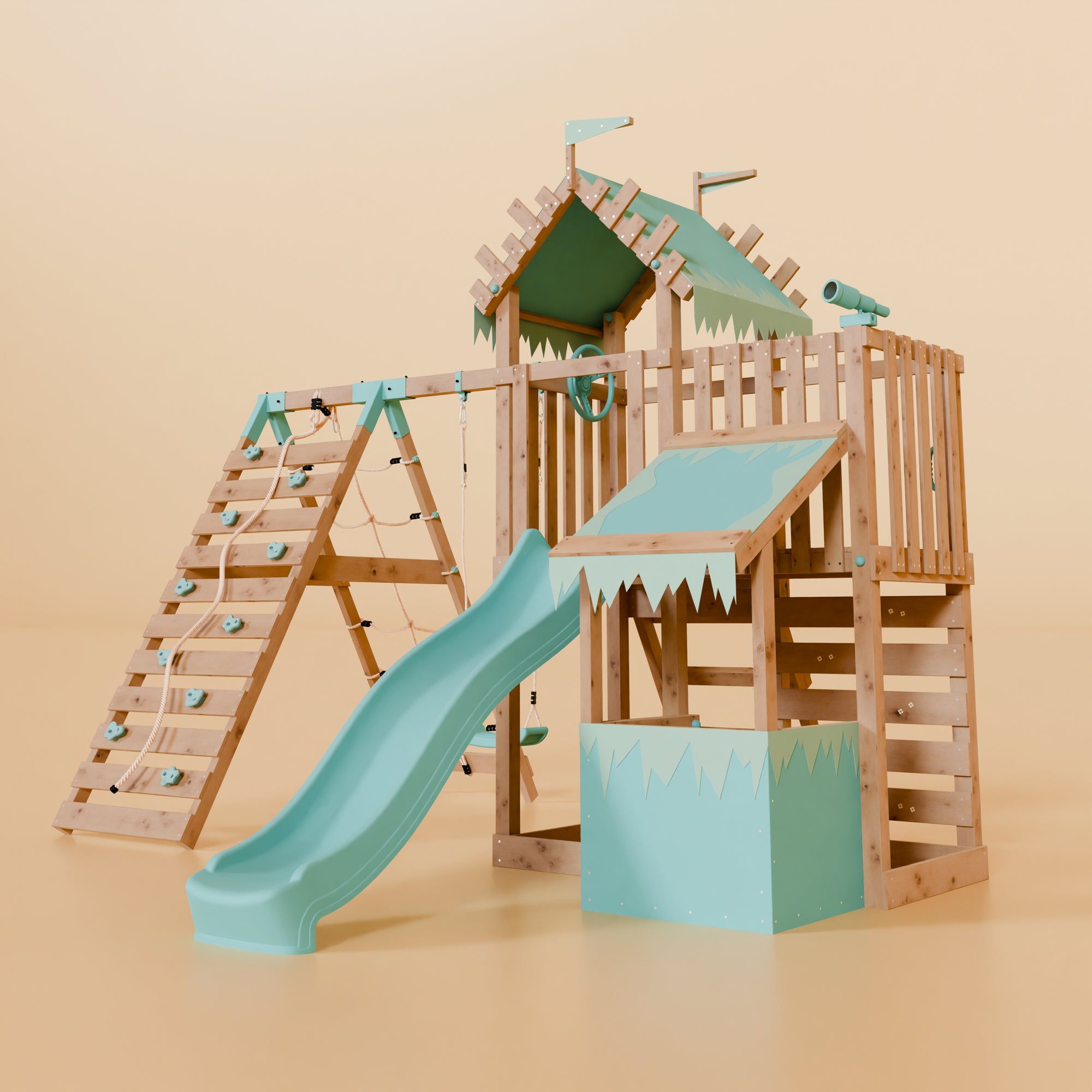 Extended Climbing Frame With Single Swing & Climbing Wall With Shop - Wildroot Ridge