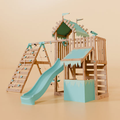 Extended Climbing Frame With Single Swing & Climbing Wall With Shop - Wildroot Ridge V