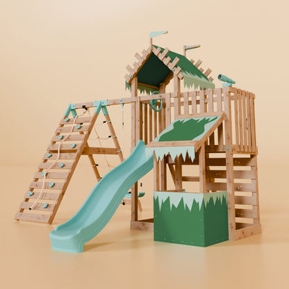 Extended Climbing Frame With Single Swing & Climbing Wall With Shop - Wildroot Ridge V