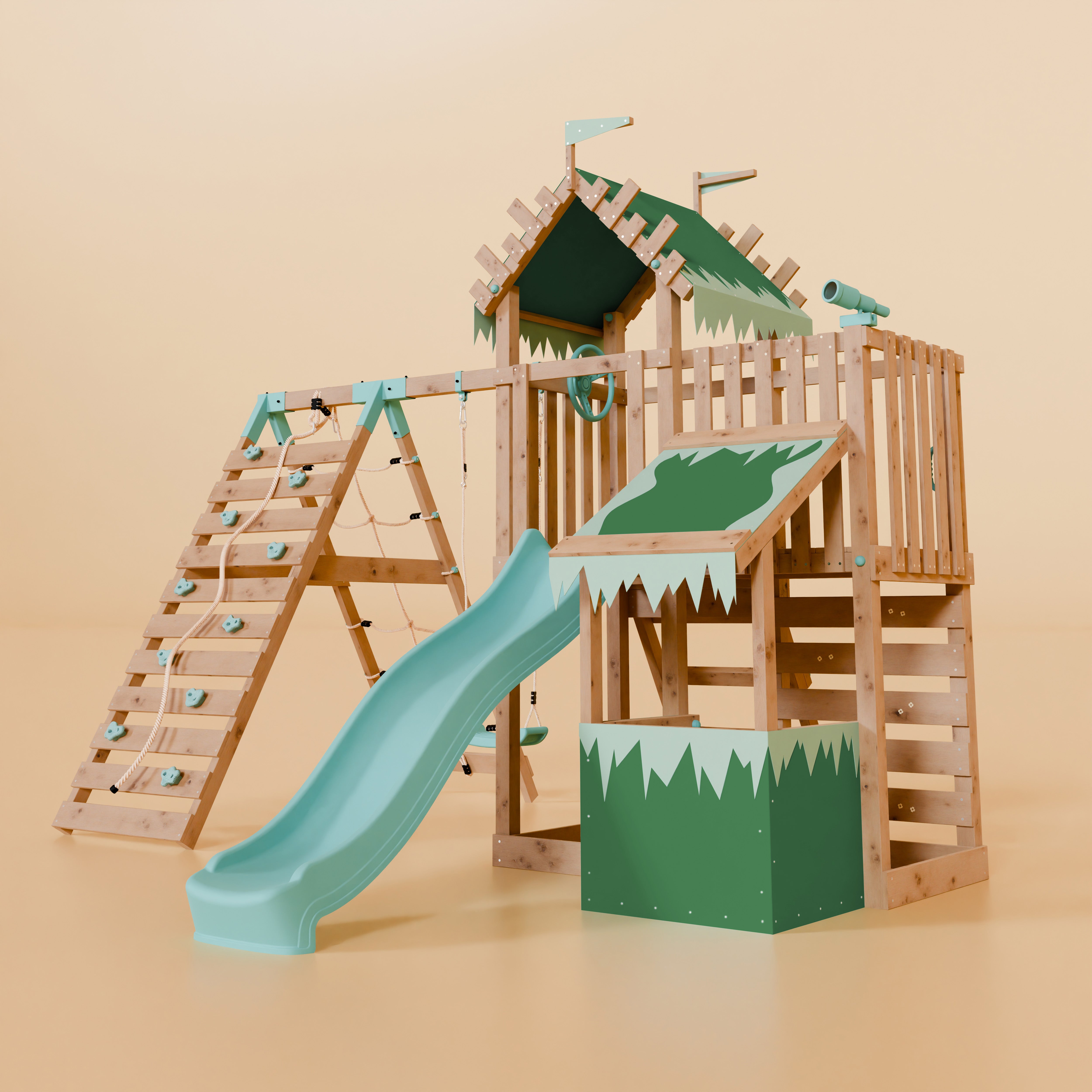 Extended Climbing Frame With Single Swing & Climbing Wall With Shop - Wildroot Ridge V