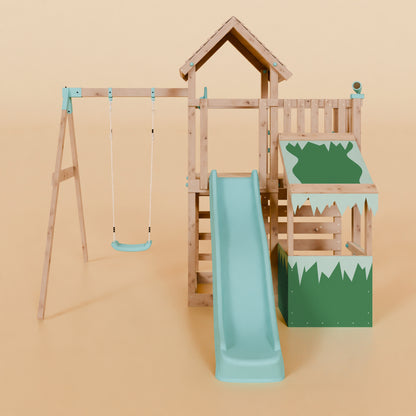Extended Climbing Frame With Single Swing & Shop - Moonlit Hollow I