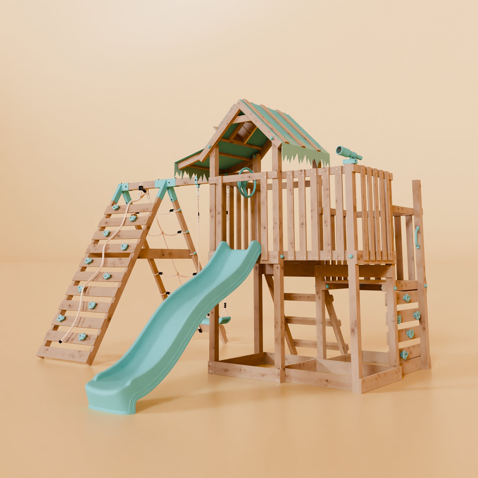 Extended Climbing Frame With Step Up, Single Swing & Climbing Wall - Maplewood
