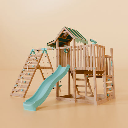 Extended Climbing Frame With Step Up, Single Swing & Climbing Wall - Maplewood V