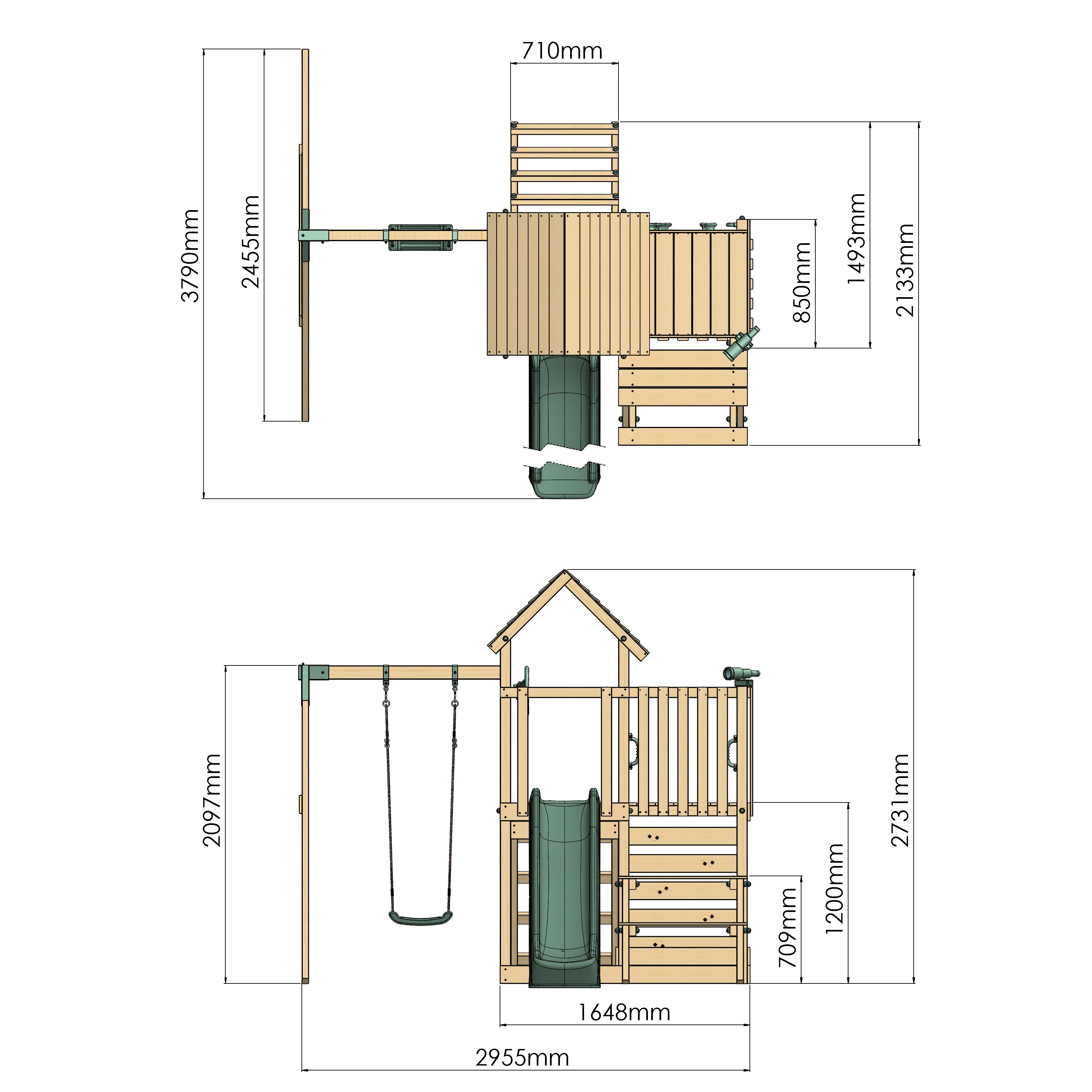 Dimensions of a wooden playset with slides and climbing structures on a white background