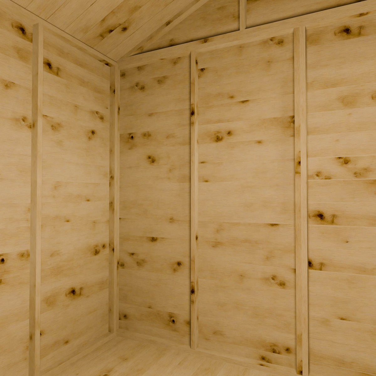 Wooden shed interior with an apex roof