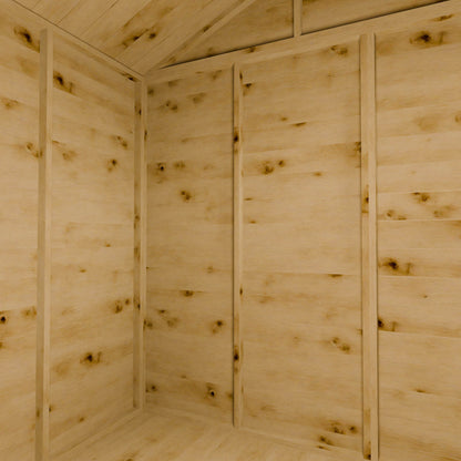 Wooden shed interior with an apex roof