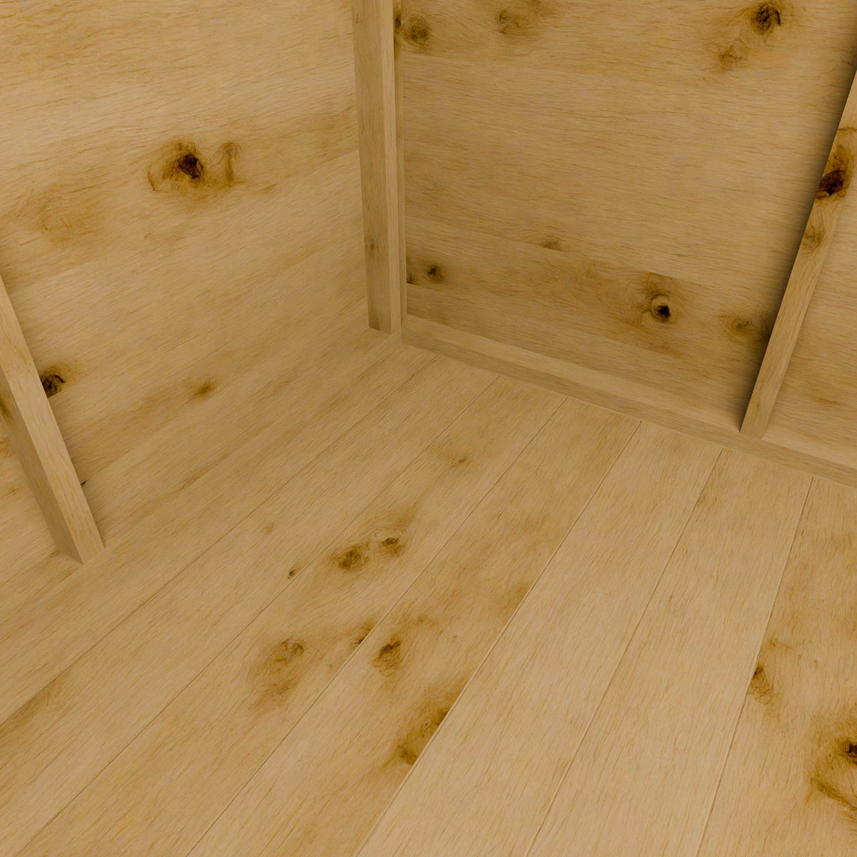 Close-up of a wooden shed floor with visible grain and knots