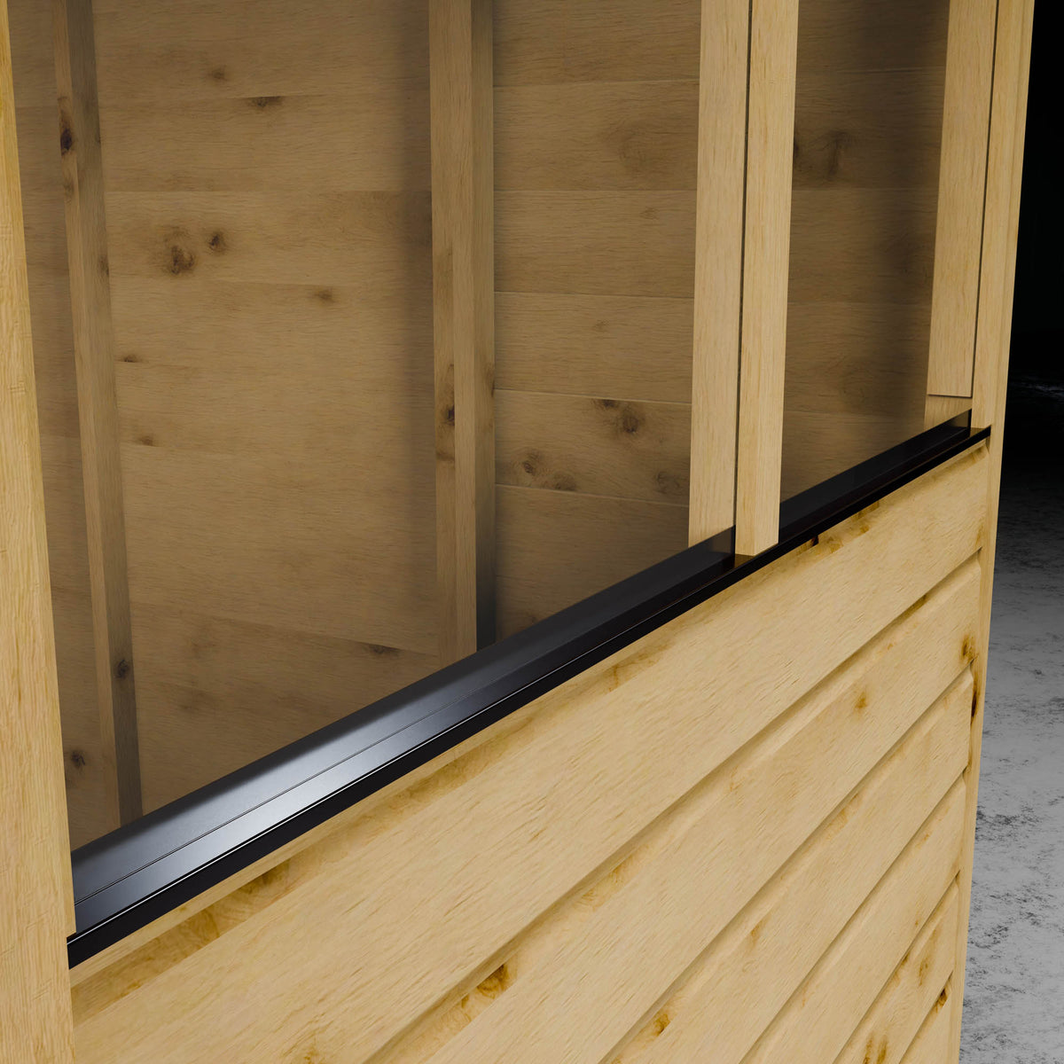 Wooden shed shiplap exterior with a window and black weather stripping