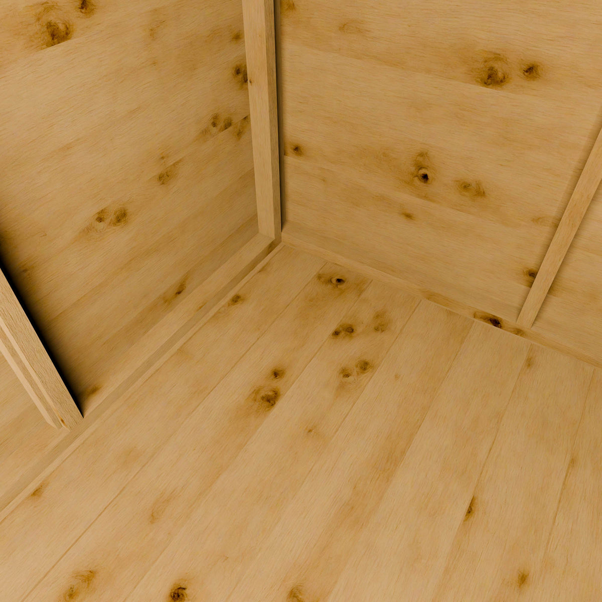 Close-up of a wooden shed floor with visible grain and texture