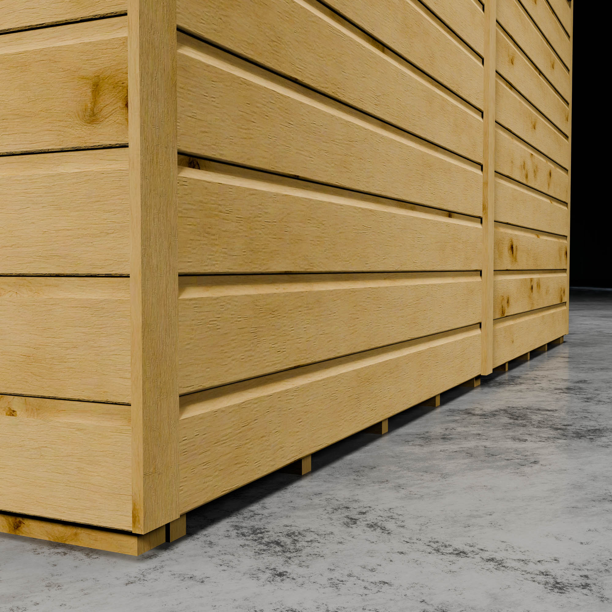 Wooden shiplap cladding corner of a shed