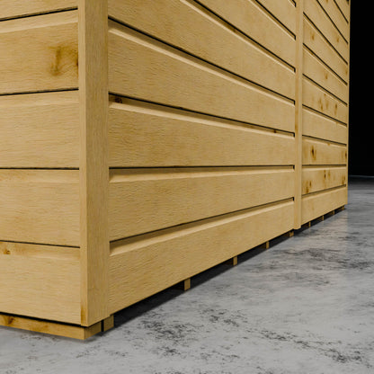Wooden shiplap cladding corner of a shed